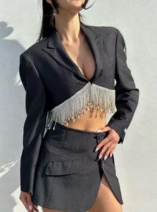 SILVER CRYSTAL BLACK BLAZER SET XS-S