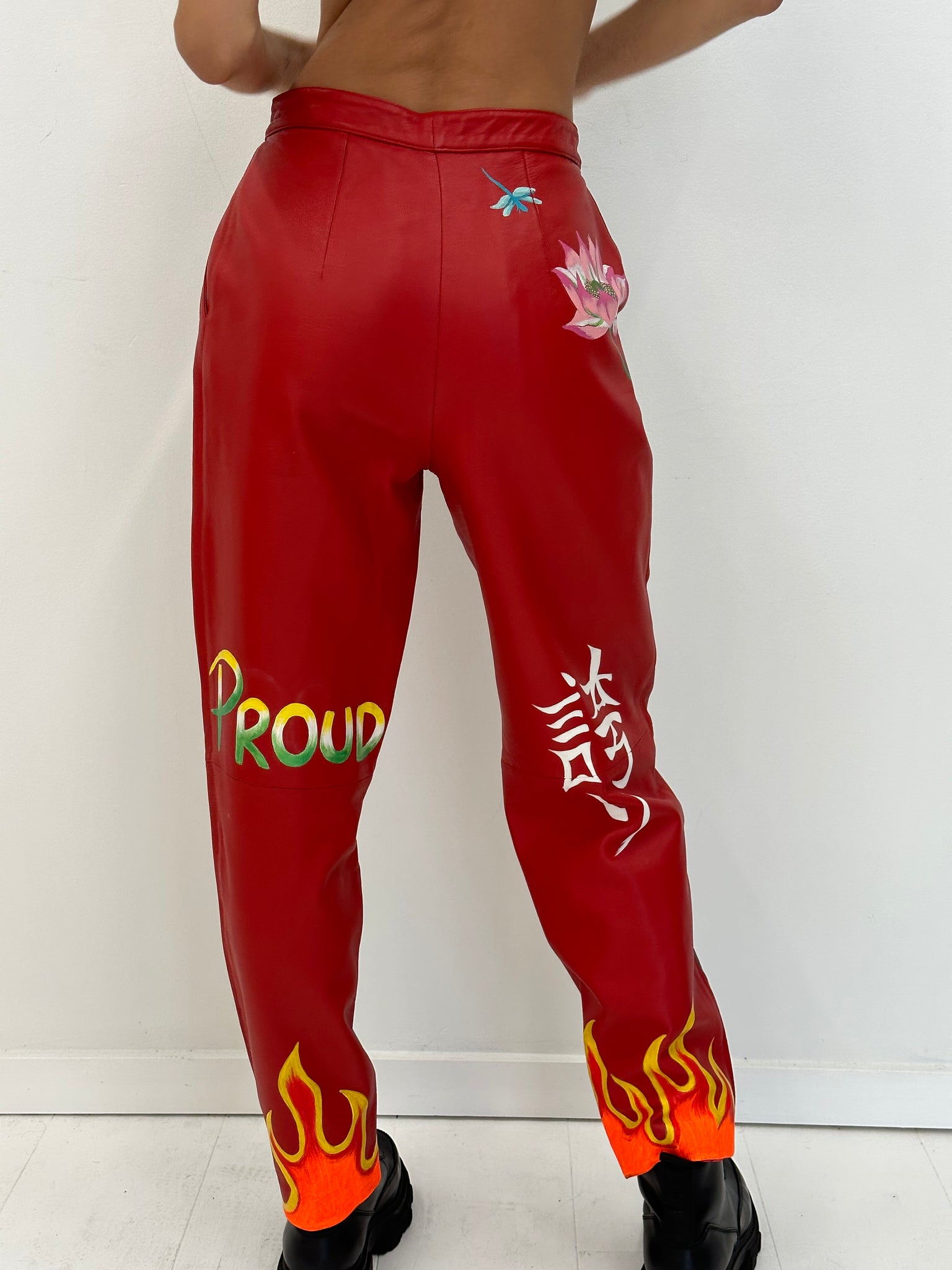 HAND-PAINTED RED LEATHER TROUSERS