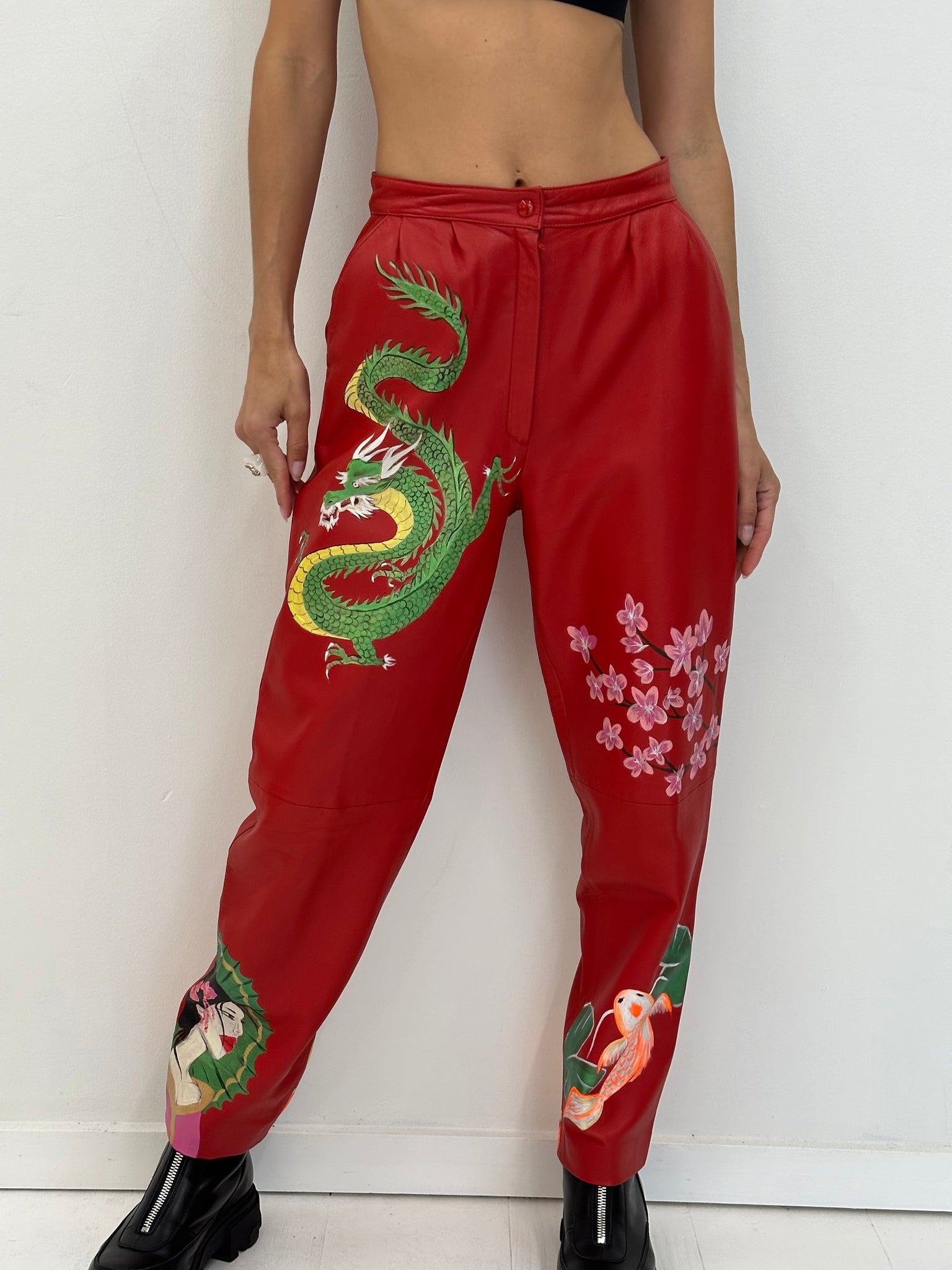 HAND-PAINTED RED LEATHER TROUSERS